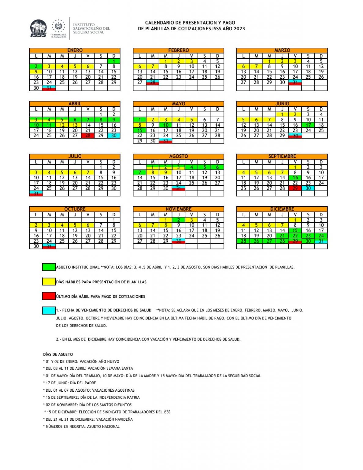 Calendario 2023 de planillas Previsionales ISSS, AFP, IPSFA y otros